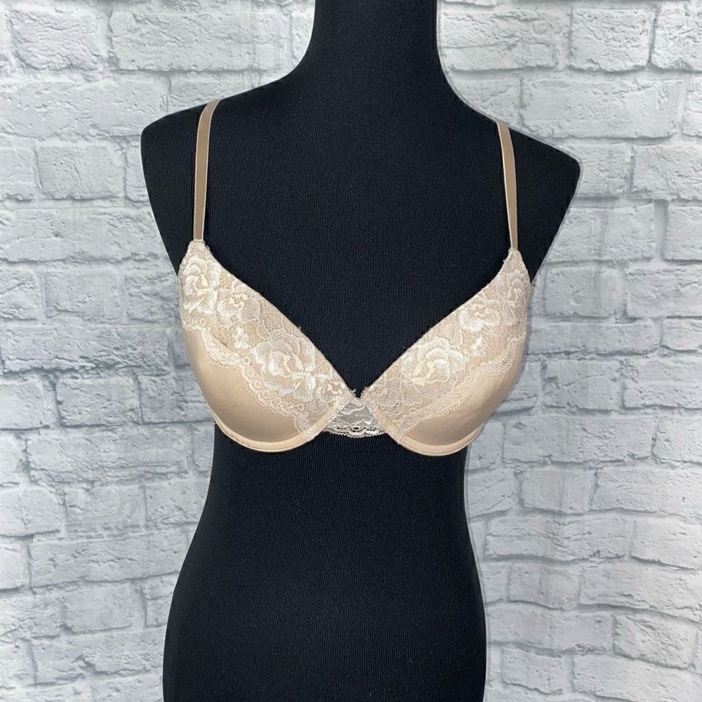 Maidenform women 34C beige push up underwire bra w/lace & adjustable straps